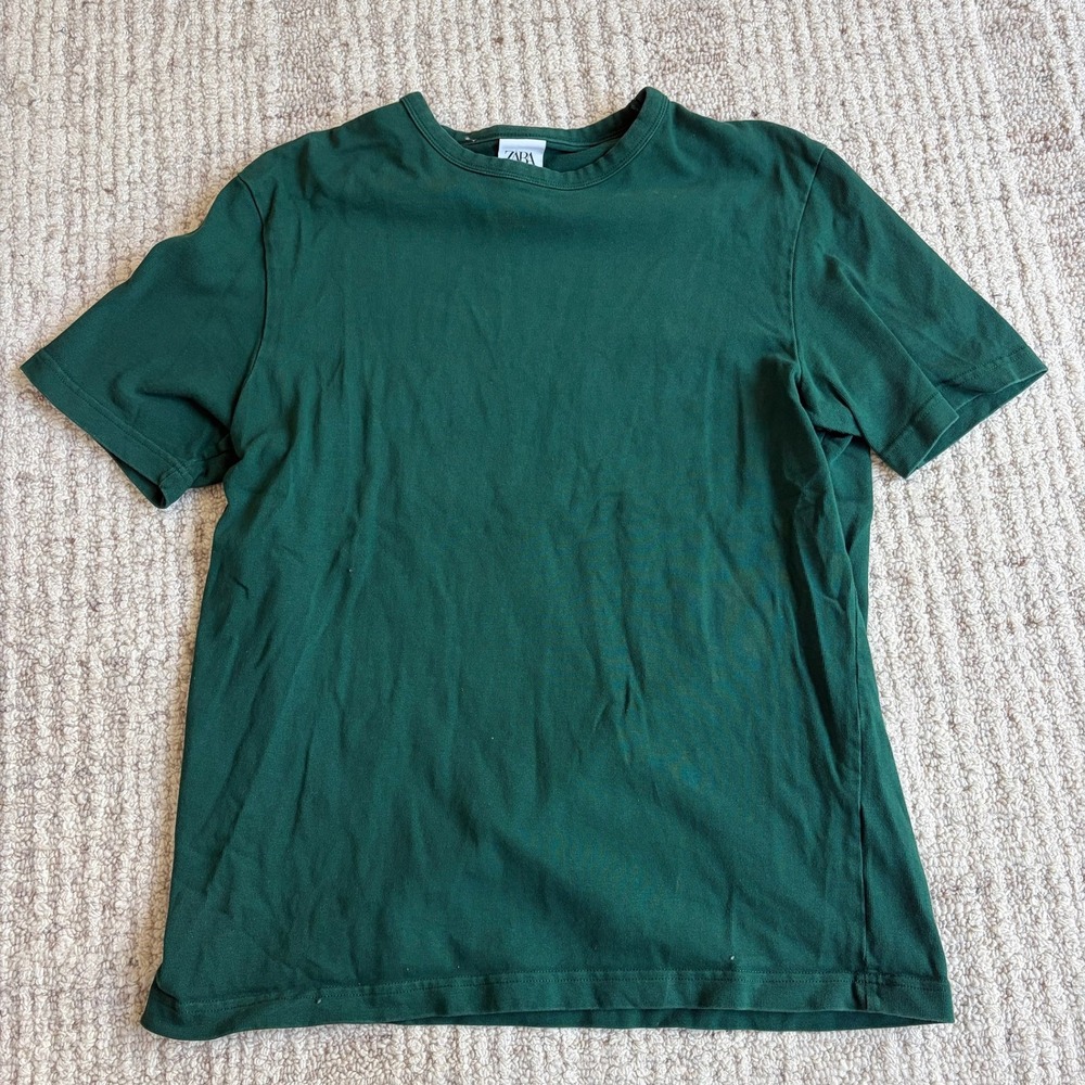 Zara Mens Forest Green Short Sleeve Crew Neck T-Shirt Size Large Solid Tee